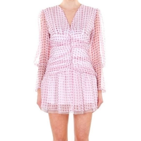 Beulah Style Long Sleeve V-Neck Ruched Gingham Mini Dress Pink Size Small NWT